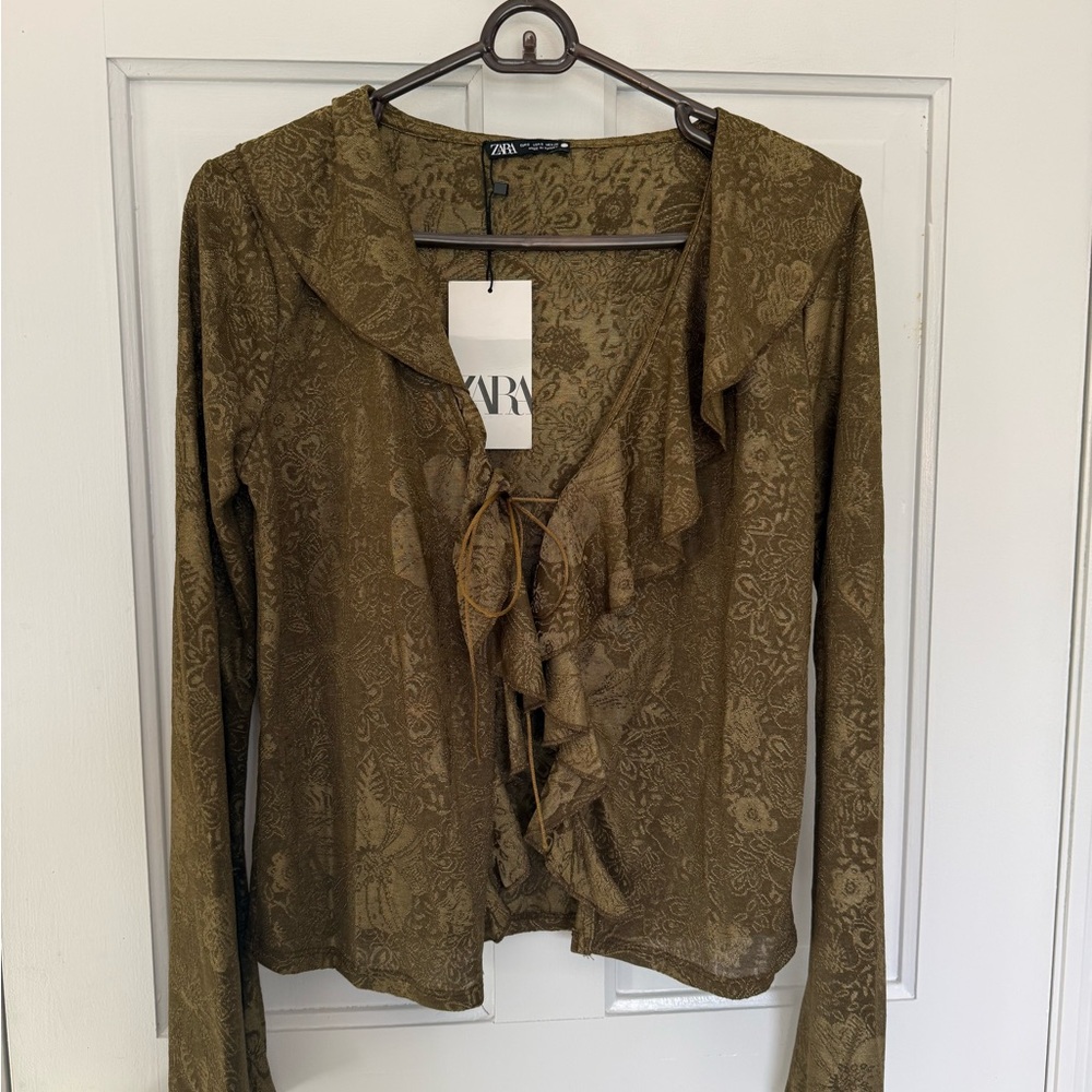 Zara Olive Green Ruffle Tie-Front Blouse